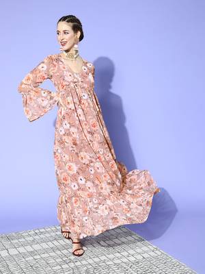 Brown printed georgette maxi dresses 1