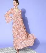 Brown printed georgette maxi dresses