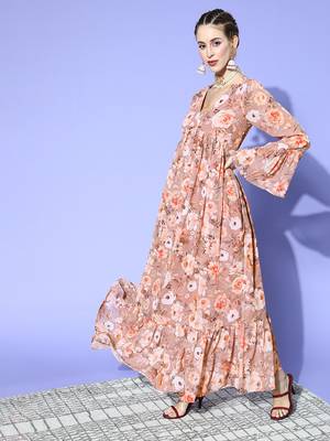 Brown printed georgette maxi dresses 2