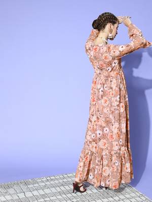 Brown printed georgette maxi dresses 3