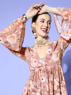 Brown printed georgette maxi dresses 4