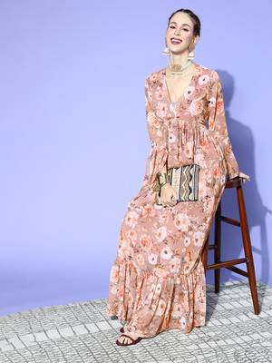 Brown printed georgette maxi dresses 5