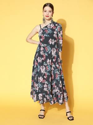 Blue printed georgette maxi dresses 1