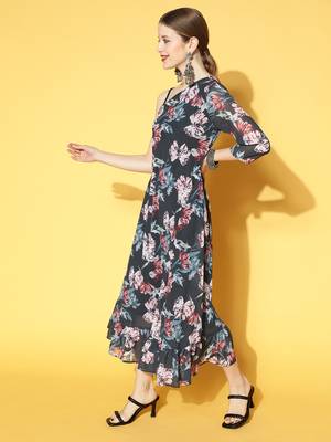 Blue printed georgette maxi dresses 2