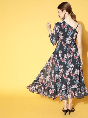 Blue printed georgette maxi dresses 3