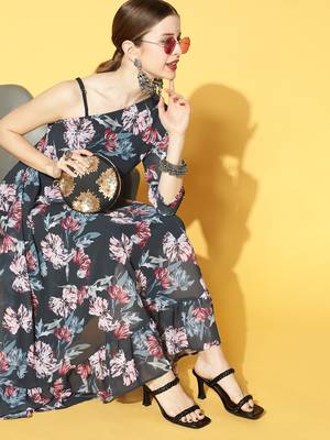 Blue printed georgette maxi dresses 5