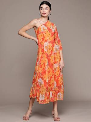 Mustard printed georgette maxi dresses 1