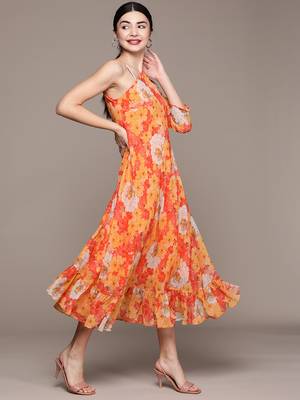 Mustard printed georgette maxi dresses 2