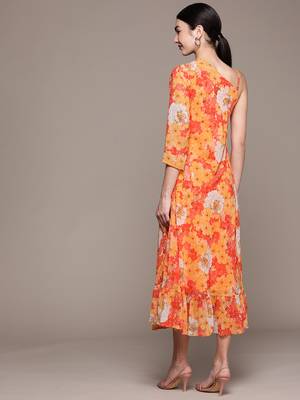 Mustard printed georgette maxi dresses 3