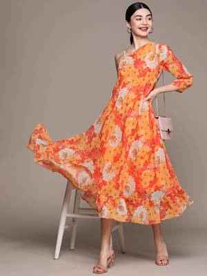 Mustard printed georgette maxi dresses 5