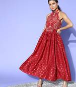 Maroon printed polyester maxi dresses