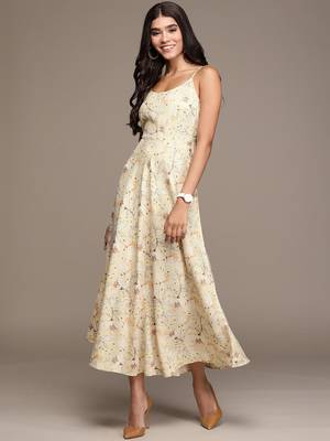 Mustard printed polyester maxi dresses 1