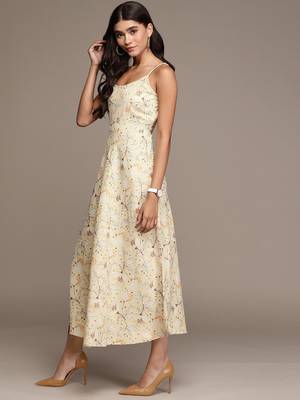 Mustard printed polyester maxi dresses 2