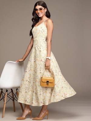 Mustard printed polyester maxi dresses 5