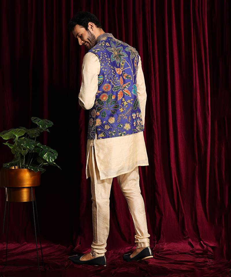Off White & Purple Cotton silk Kurta Chudidar with Raw silk Embroidered Bundi Set
