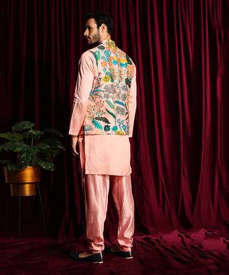 Blush Pink Cotton silk Kurta Chudidar with printed Raw silk Bundi Set 4