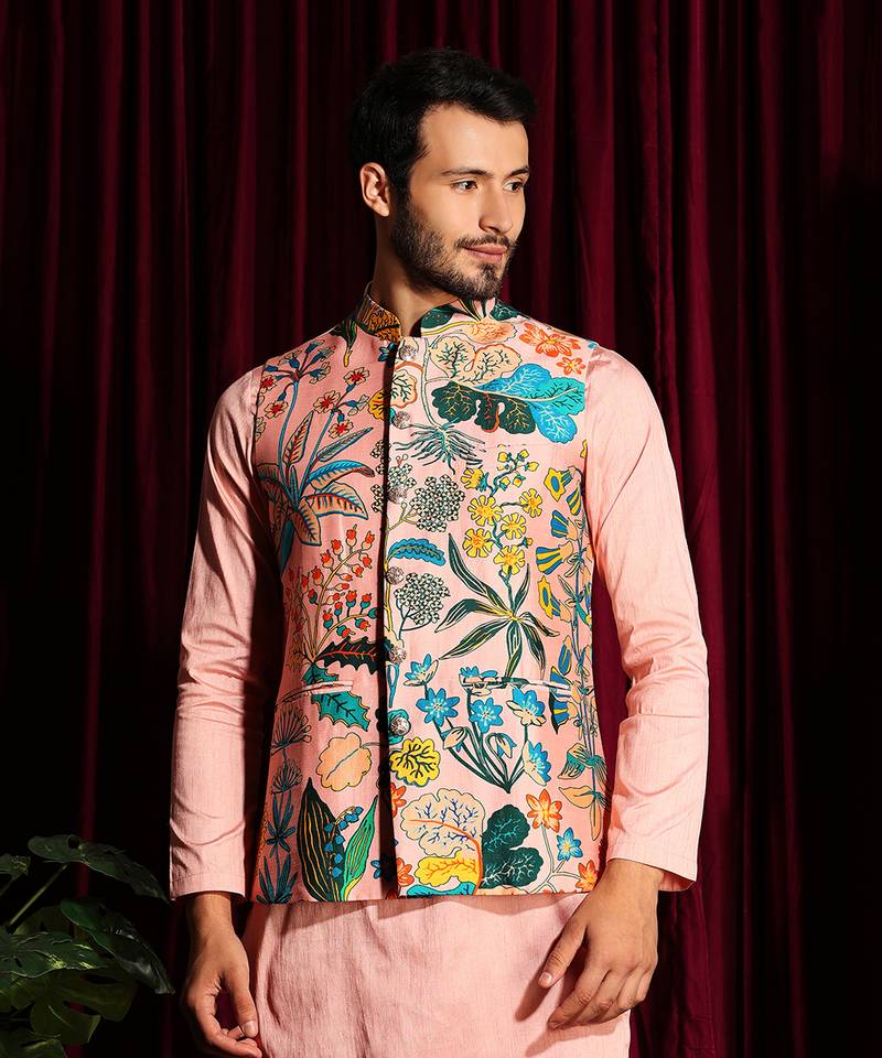Blush Pink Cotton silk Kurta Chudidar with printed Raw silk Bundi Set