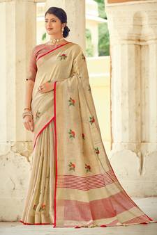 Cream Woven Linen Saree With Blouse