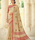 Cream Woven Linen Saree With Blouse