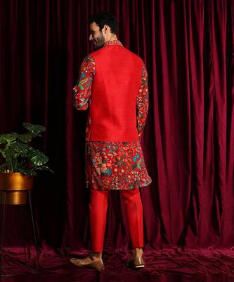 Red Printed Habutai Kurta paired with cottan silk pants and Raw silk Embroidered Bundi 5