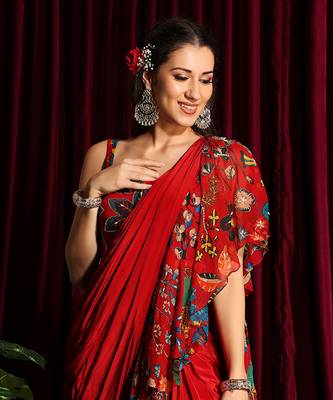 Red Frill Saree With Blouse 5