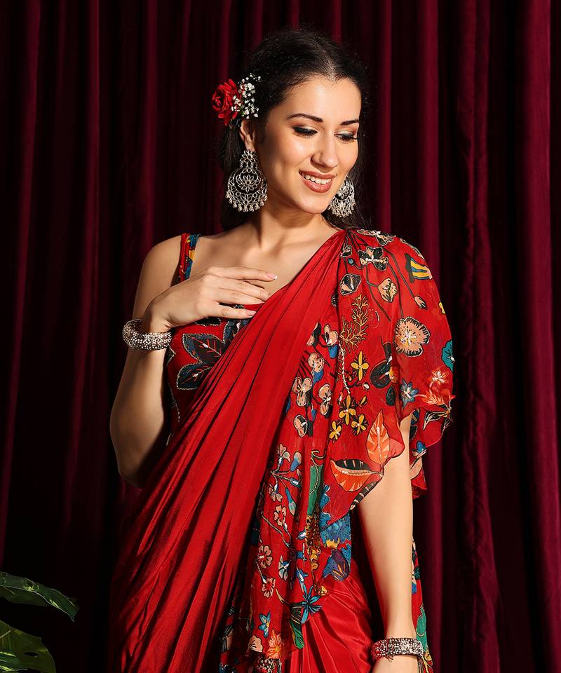 Red Frill Saree With Blouse