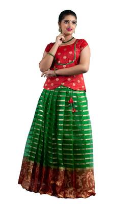 Shivangi Girls Green Blue Meadow Pattu Pavadai!!! 3