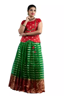 Shivangi Girls Green Blue Meadow Pattu Pavadai!!!