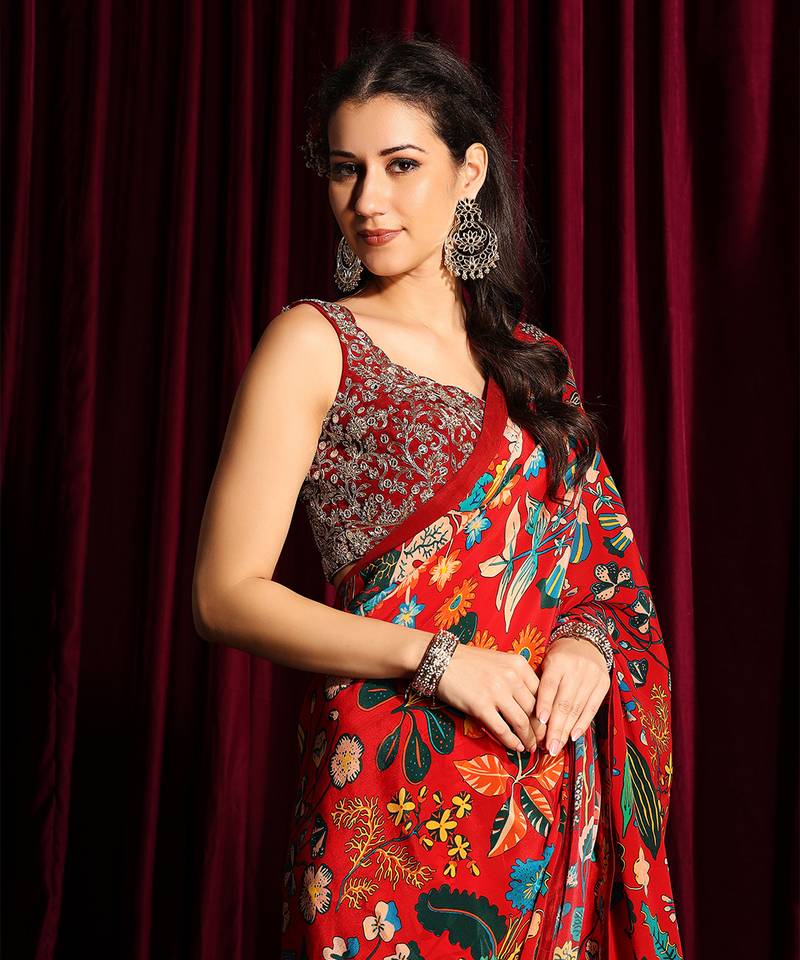 Red Crepe Saree With Blouse