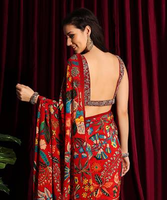 Red Crepe Saree With Blouse 6
