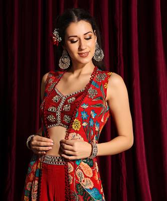 Red Printed Cape With A Bustier And A Gharara 6