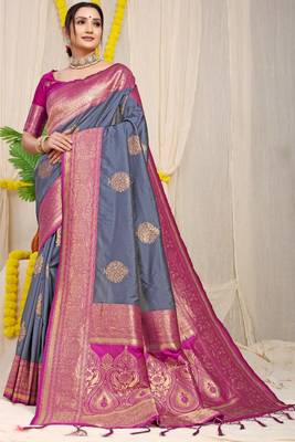 Grey woven kanchipuram art silk saree with blouse 1