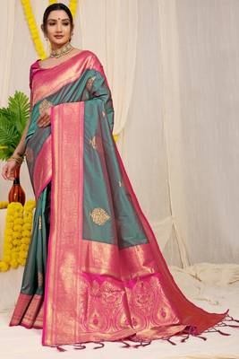 Light teal woven kanchipuram art silk saree with blouse 1