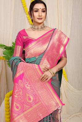 Light teal woven kanchipuram art silk saree with blouse 3