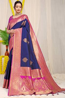 Navy blue woven kanchipuram art silk saree with blouse 1