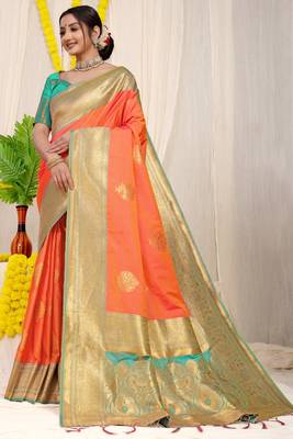 Orange woven Faux kanchipuram silk saree with blouse 1