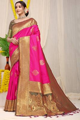 Pink woven kanchipuram silk Blend saree with blouse 1