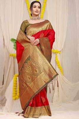 Red woven kanchipuram art silk saree with blouse 2