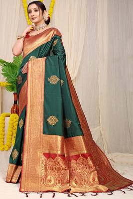 Teal woven kanchipuram art silk saree with blouse 1