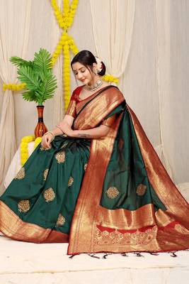 Teal woven kanchipuram art silk saree with blouse 2