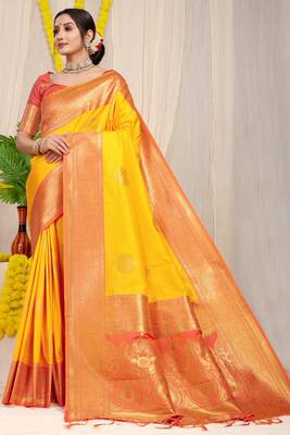 Yellow woven kanchipuram art silk saree with blouse 1