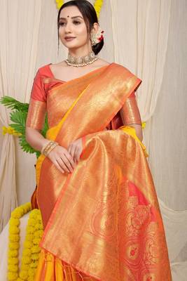 Yellow woven kanchipuram art silk saree with blouse 3