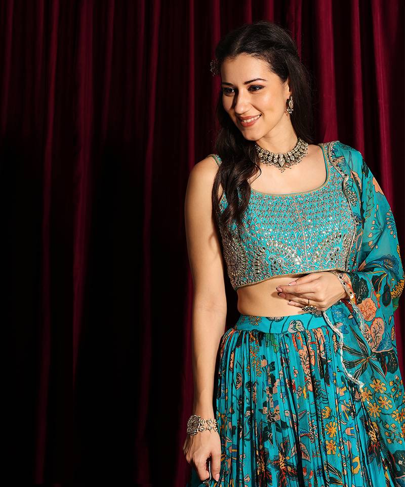 Turquoise Organza Lehenga With Embroidered Blouse And Dupatta