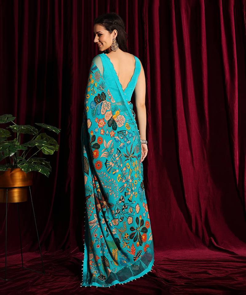 Turquoise Crepe Saree And Blouse