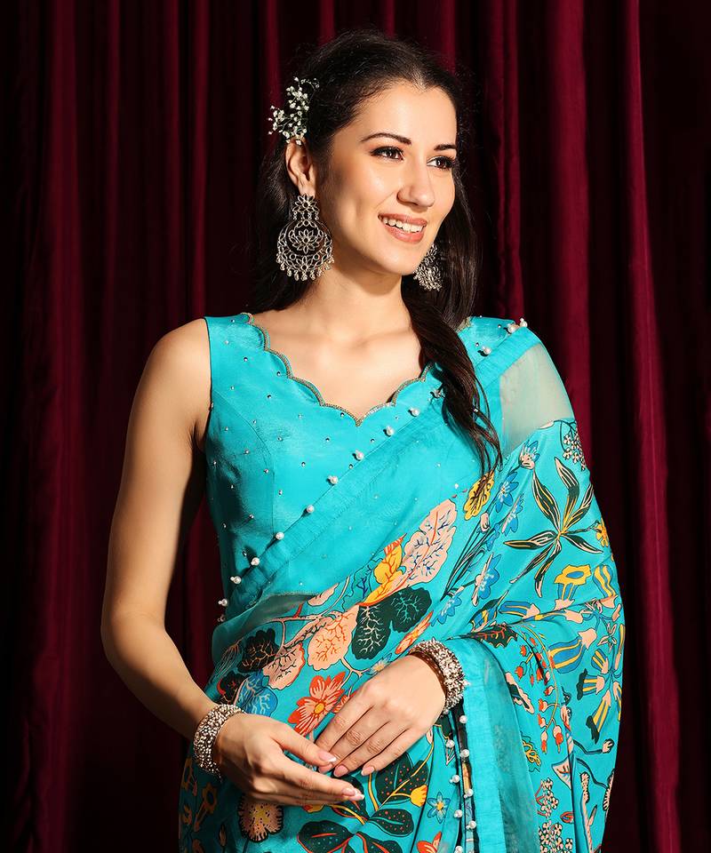 Turquoise Crepe Saree And Blouse