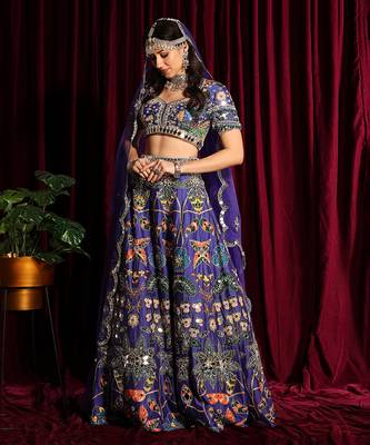 Purple Printed Heavy Lehenga With Mirror Embroidery 7