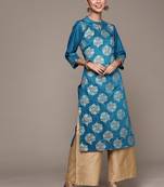 Teal printed art silk kurtas-and-kurtis