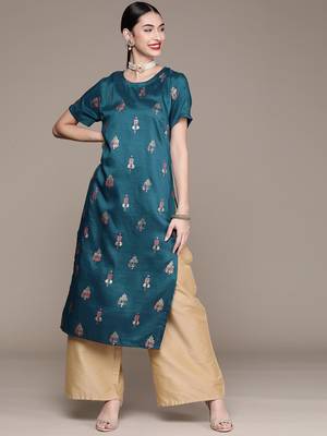 Teal printed art silk kurtas-and-kurtis 1