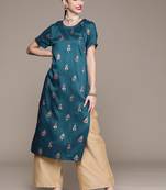 Teal printed art silk kurtas-and-kurtis