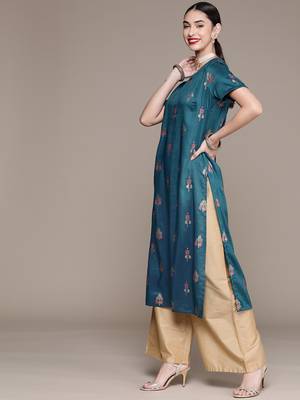 Teal printed art silk kurtas-and-kurtis 2